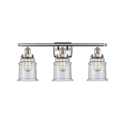 Innovations Canton 26in 3-Light Bath Vanity | Modern Contempo Brushed Satin Nickel and Seedy Glass Schoolhouse Shade | Bathroom | Model 916-3W-SN-G184