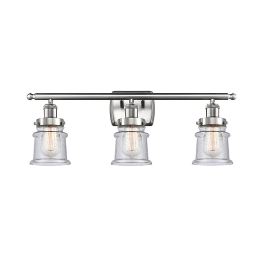 Innovations Canton 25.25in 3-Light Bath Vanity | Modern Contempo Brushed Satin Nickel and Seedy Glass Schoolhouse Shade | Bathroom | Model 916-3W-SN-G184S