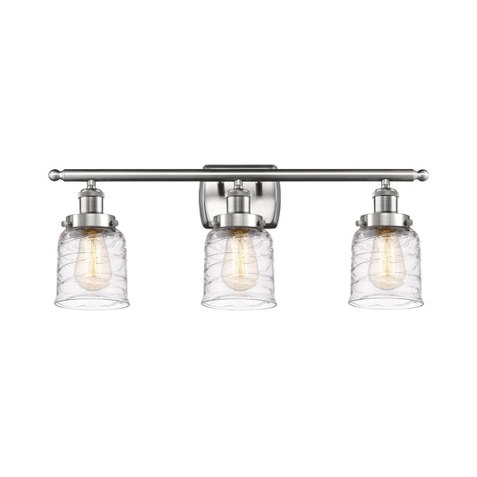 Innovations Bell 26in 3-Light Bath Vanity Light | Industrial Transitional Brushed Satin Nickel and Clear Deco Swirl Glass | Model 916-3W-SN-G513