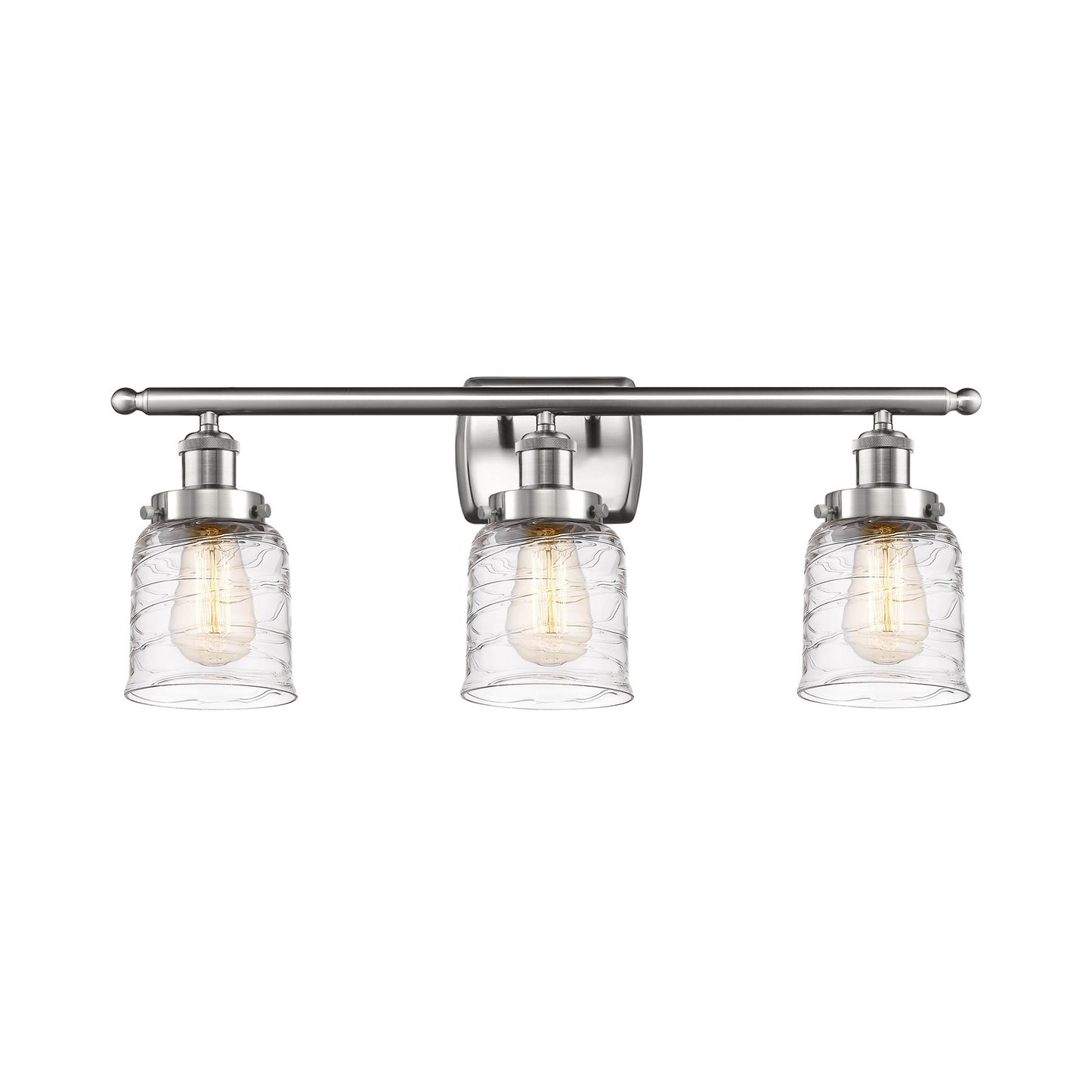 Innovations Bell 26in 3-Light Bath Vanity Light | Industrial Transitional Brushed Satin Nickel and Clear Deco Swirl Glass | Model 916-3W-SN-G513-LED