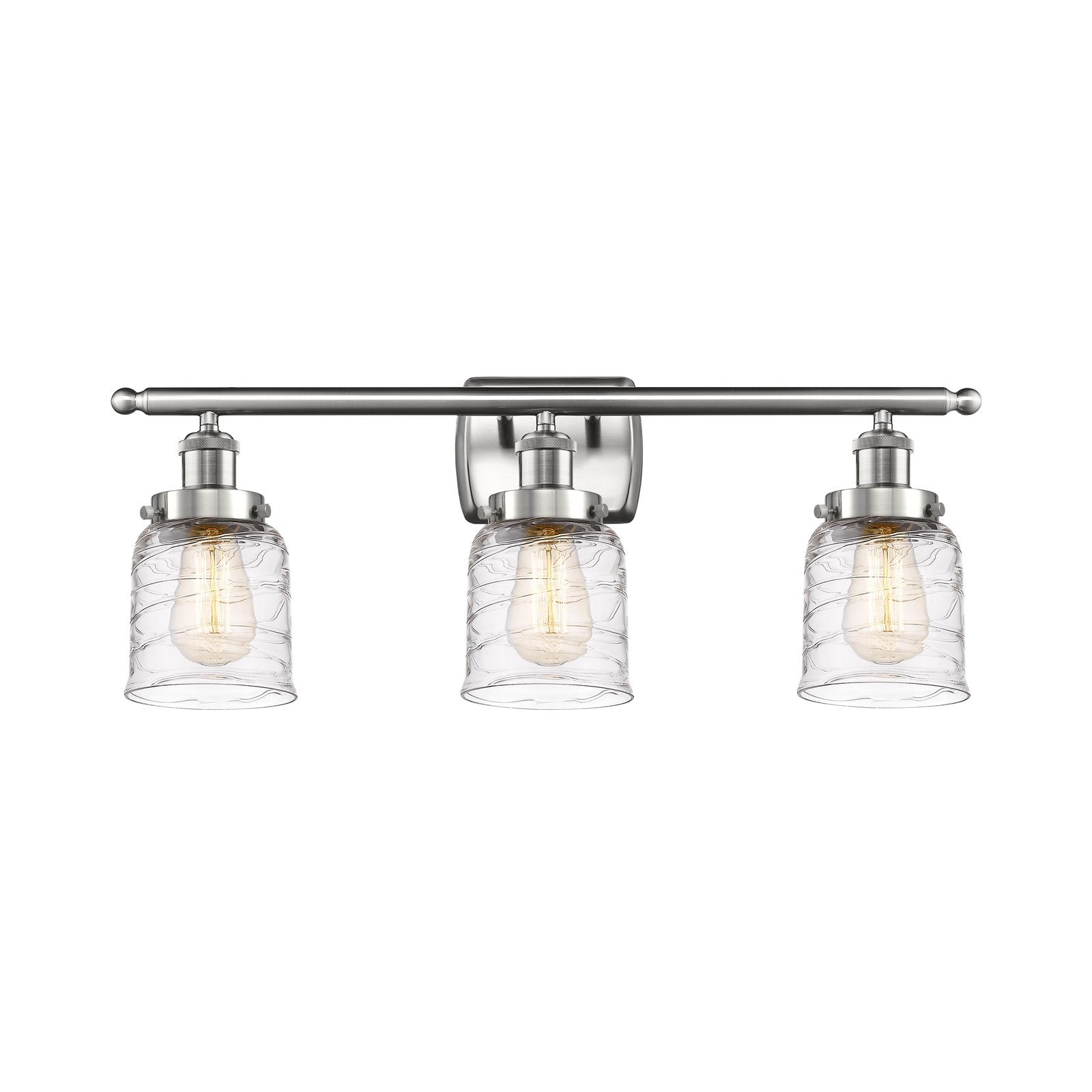 Innovations Bell 26in 3-Light Bath Vanity Light | Industrial Transitional Brushed Satin Nickel and Clear Deco Swirl Glass | Model 916-3W-SN-G513-LED