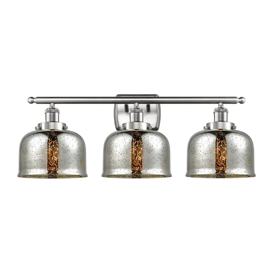 Innovations Bell 28in 3-Light Bath Vanity | Industrial Brushed Satin Nickel and Silver Plated Mercury Glass | Damp Rated Bathroom | Model 916-3W-SN-G78