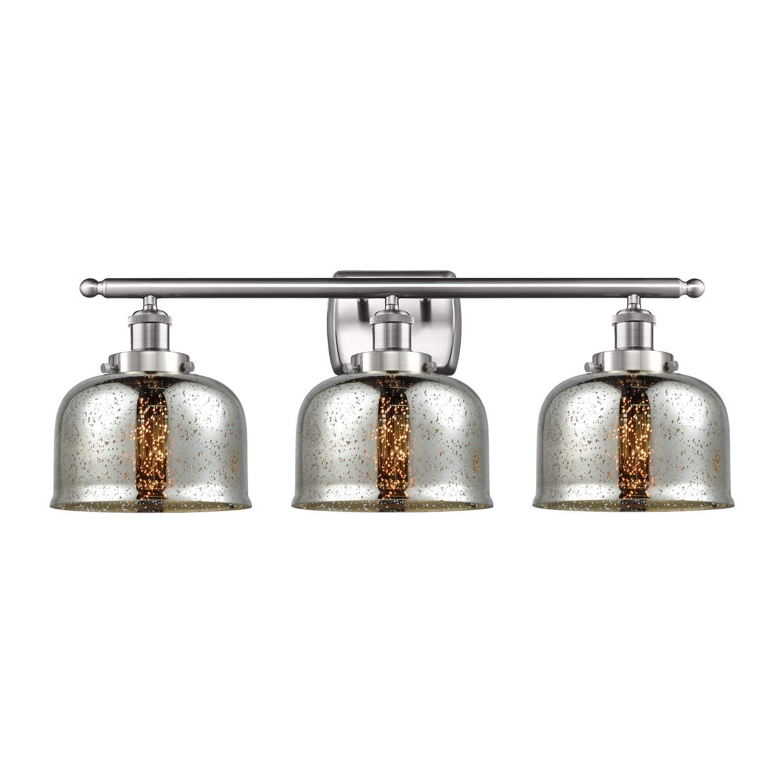 Innovations Bell 28in 3-Light Bath Vanity | Industrial Brushed Satin Nickel and Silver Plated Mercury Glass | Damp Rated | Model 916-3W-SN-G78-LED