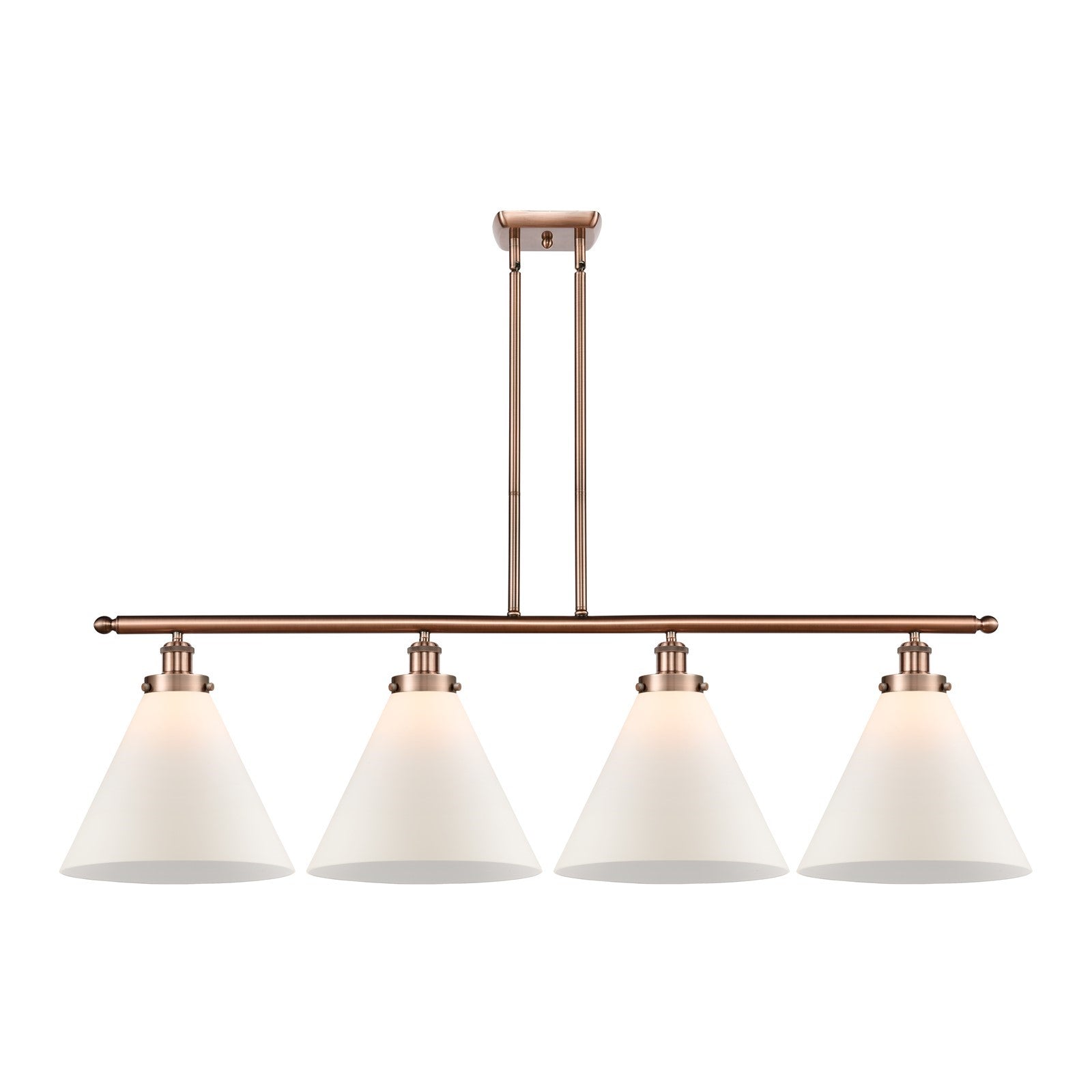 Innovations Cone 48in 4-Light Island Light | Industrial Transitional Antique Copper Steel and Matte White Frosted Glass | Model 916-4I-AC-G41-L-LED