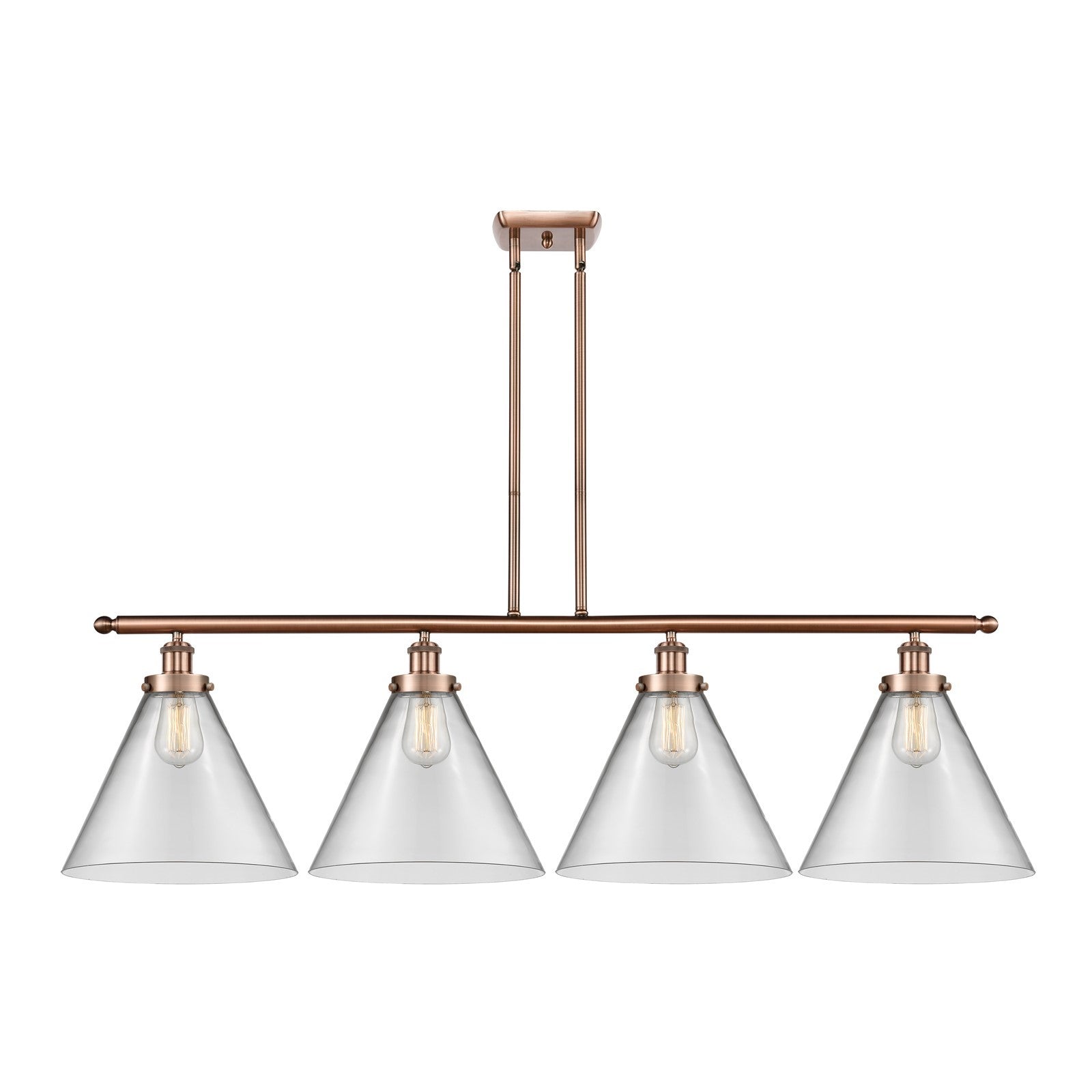 Innovations Cone 48in 4-Light LED Island Light | Industrial Antique Copper Steel and Clear Glass | Kitchen Island & Dining | Model 916-4I-AC-G42-L-LED