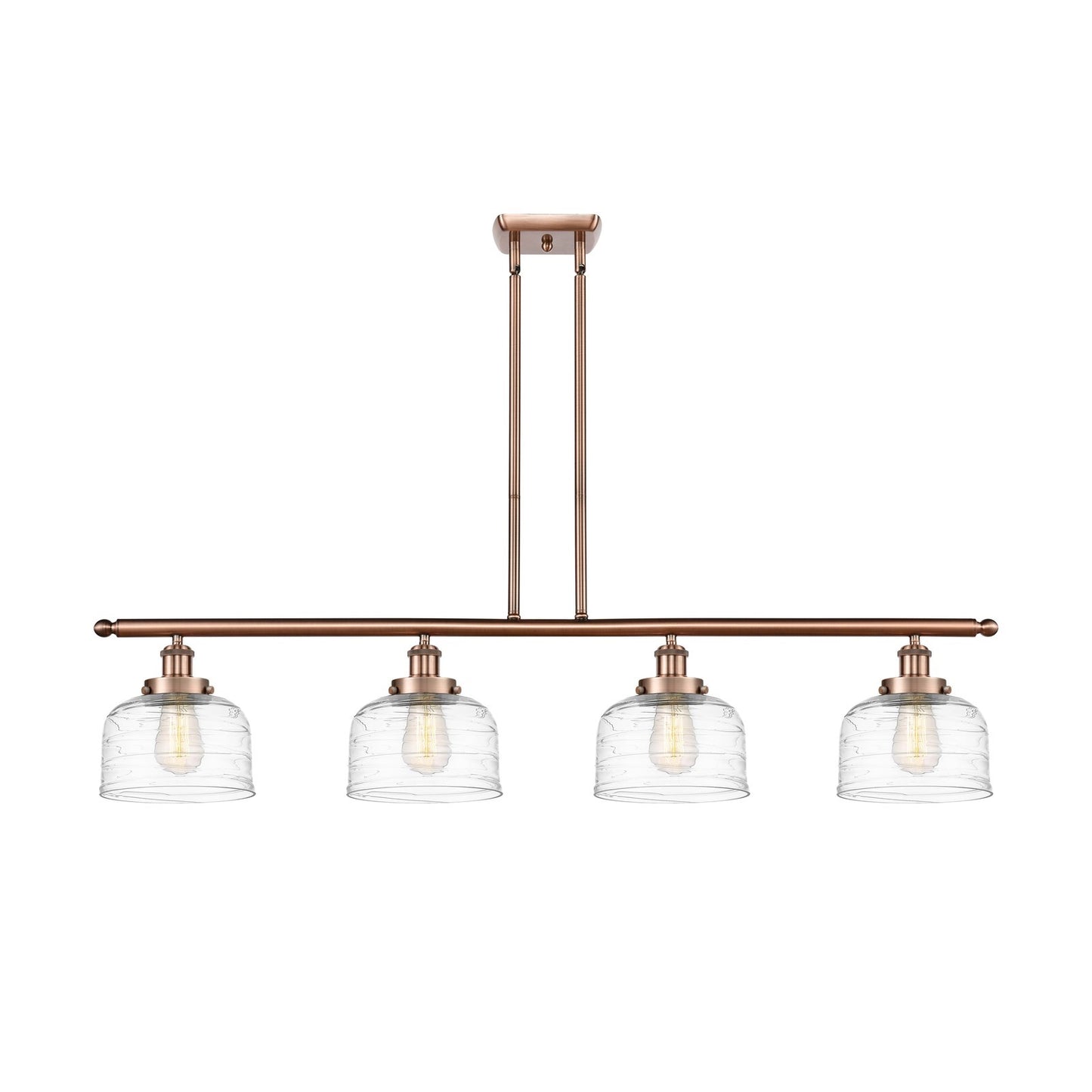 Innovations Bell 48in 4-Light Island Light | Industrial Antique Copper Steel and Clear Deco Swirl Glass | Kitchen Island & Dining | Model 916-4I-AC-G713