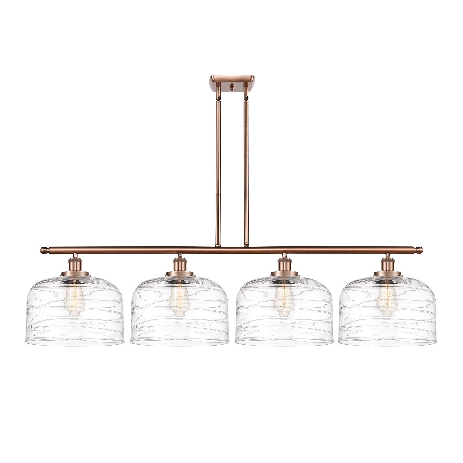 Innovations Bell 48in 4-Light LED Island Light | Industrial Antique Copper Steel and Clear Deco Swirl XL Glass | Kitchen | Model 916-4I-AC-G713-L-LED