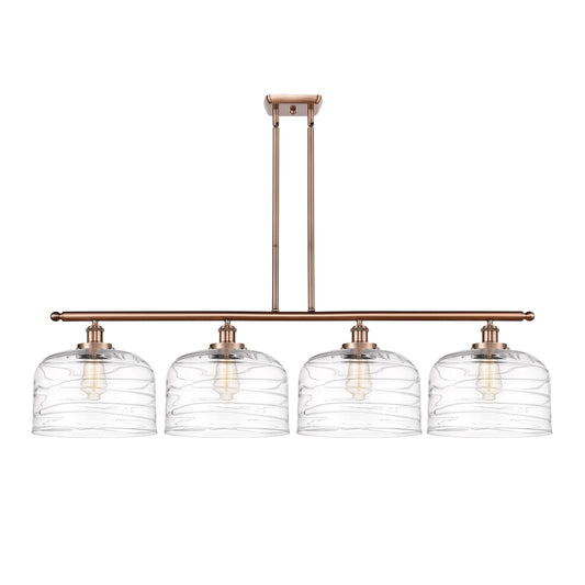 Innovations Bell 48in 4-Light LED Island Light | Industrial Antique Copper Steel and Clear Deco Swirl XL Glass | Kitchen | Model 916-4I-AC-G713-L-LED