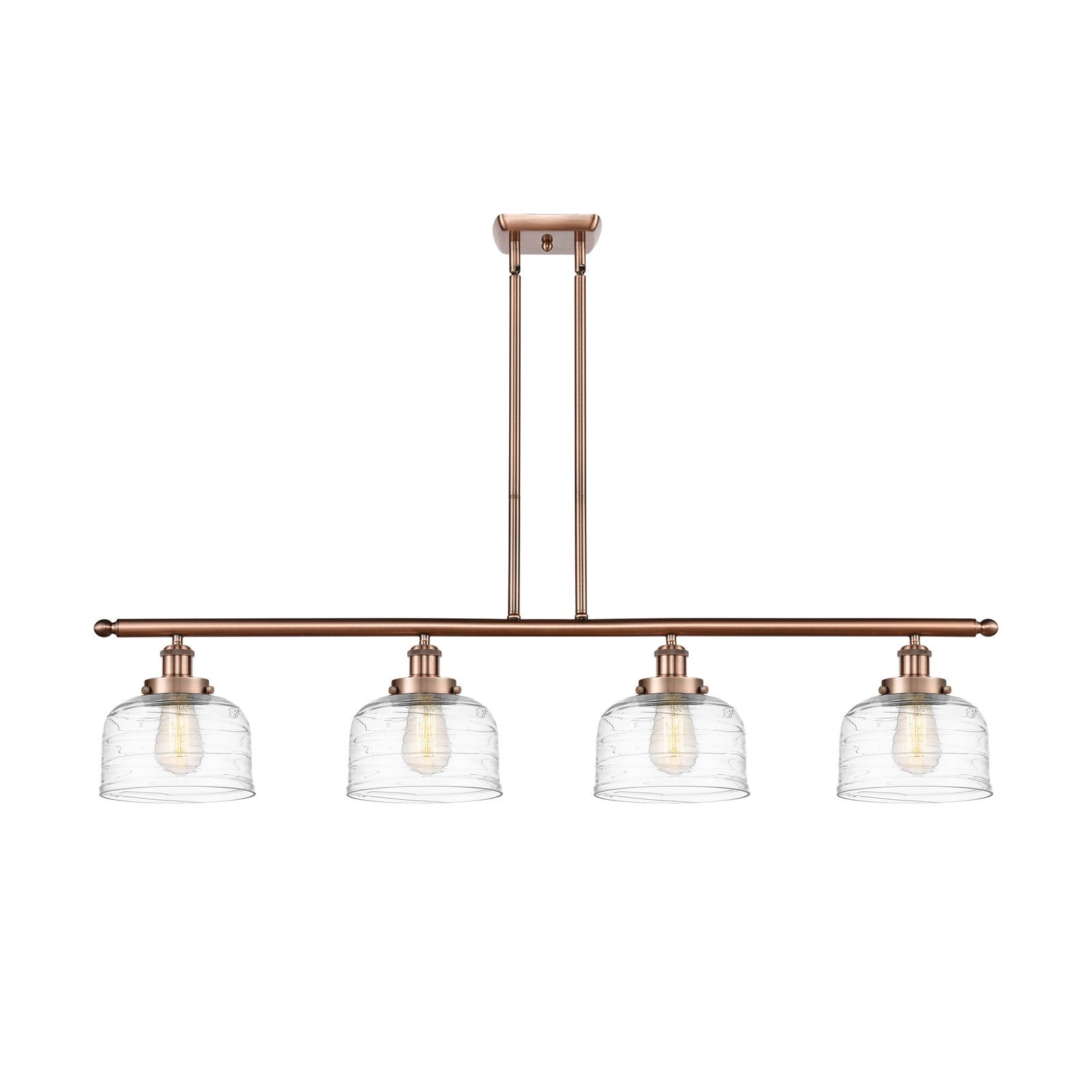 Innovations Bell 48in 4-Light LED Island Light | Industrial Antique Copper Steel and Clear Deco Swirl Glass | Kitchen Island & | Model 916-4I-AC-G713-LED