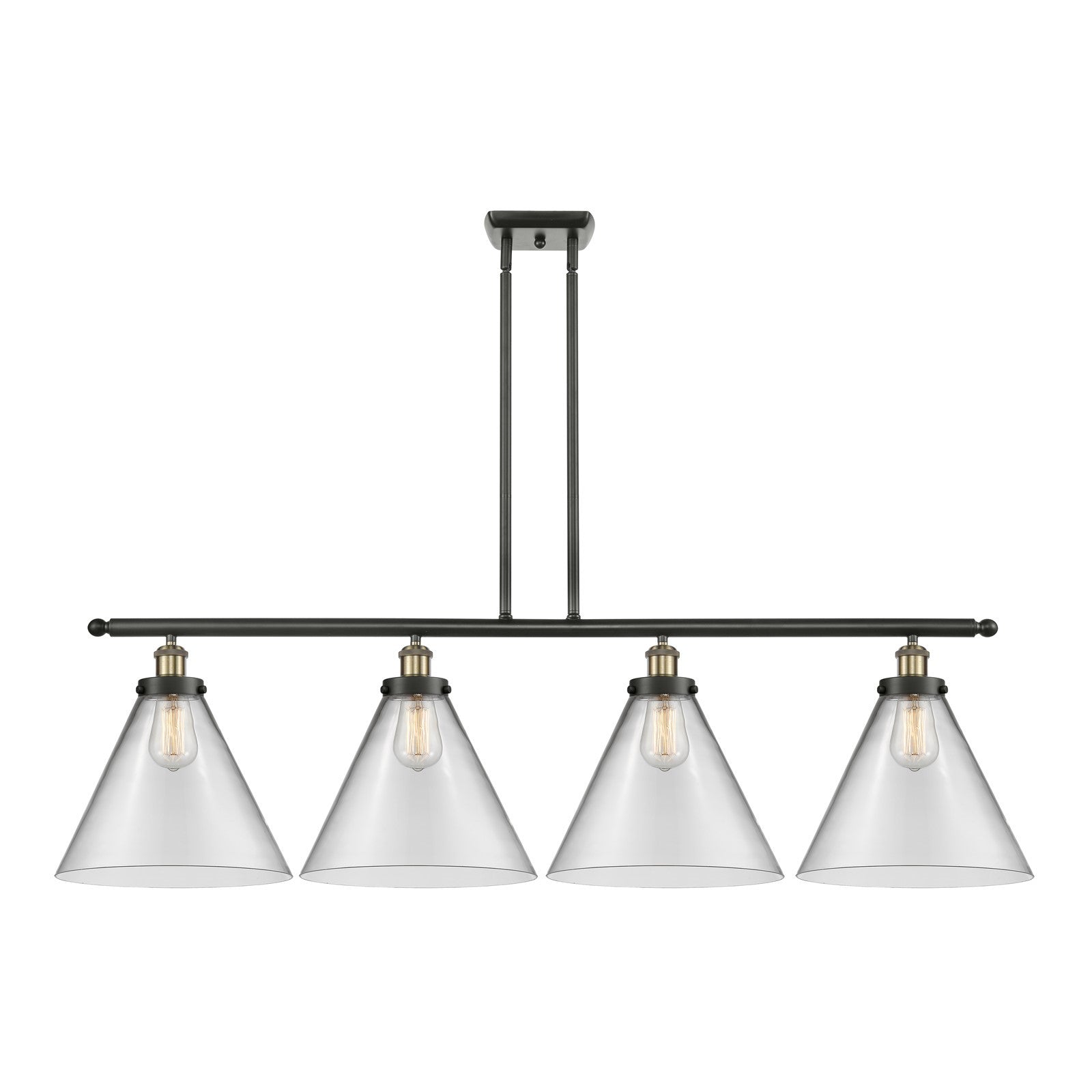Innovations Cone 48in 4-Light Island Light | Industrial Black Antique Brass and Clear Glass | Kitchen Island & Dining Room | Model 916-4I-BAB-G42-L