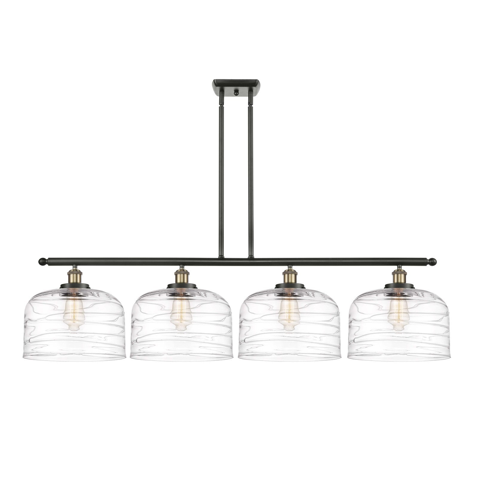 Innovations Bell 48in 4-Light Island Light | Industrial Black Antique Brass Steel and Clear Deco Swirl Glass | Kitchen | Model 916-4I-BAB-G713-L-LED