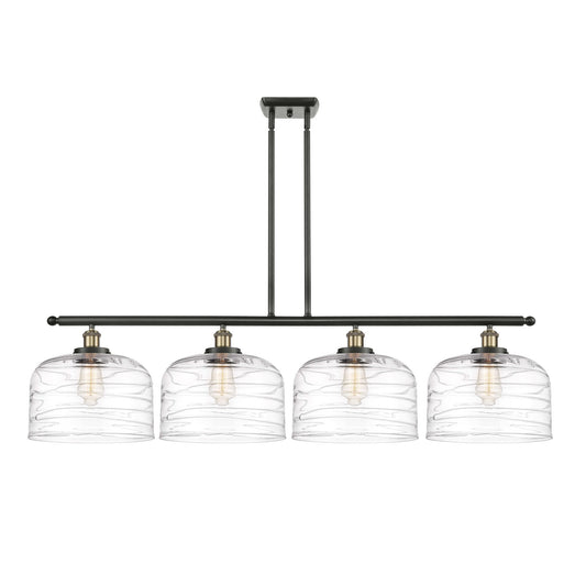 Innovations Bell 48in 4-Light Island Light | Industrial Black Antique Brass Steel and Clear Deco Swirl Glass | Kitchen | Model 916-4I-BAB-G713-L-LED