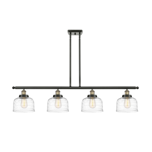 Innovations Bell 48in 4-Light Island Light | Industrial Black Antique Brass Steel and Clear Deco Swirl Glass | Kitchen Island | Model 916-4I-BAB-G713-LED