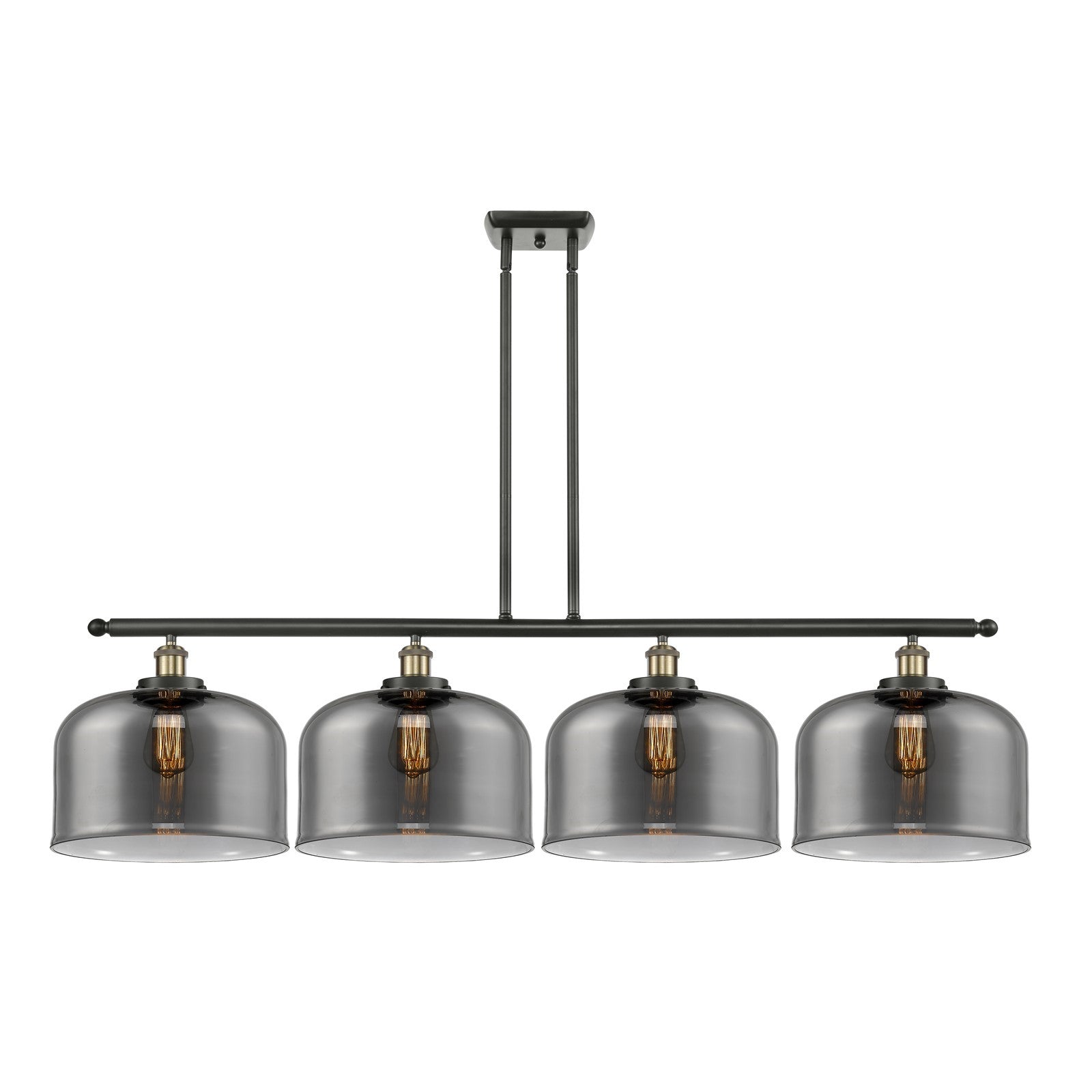 Innovations Bell 48in 4-Light Island Light | Industrial Black Antique Brass Steel and Light Smoke Glass | Kitchen Island & Dining | Model 916-4I-BAB-G73-L