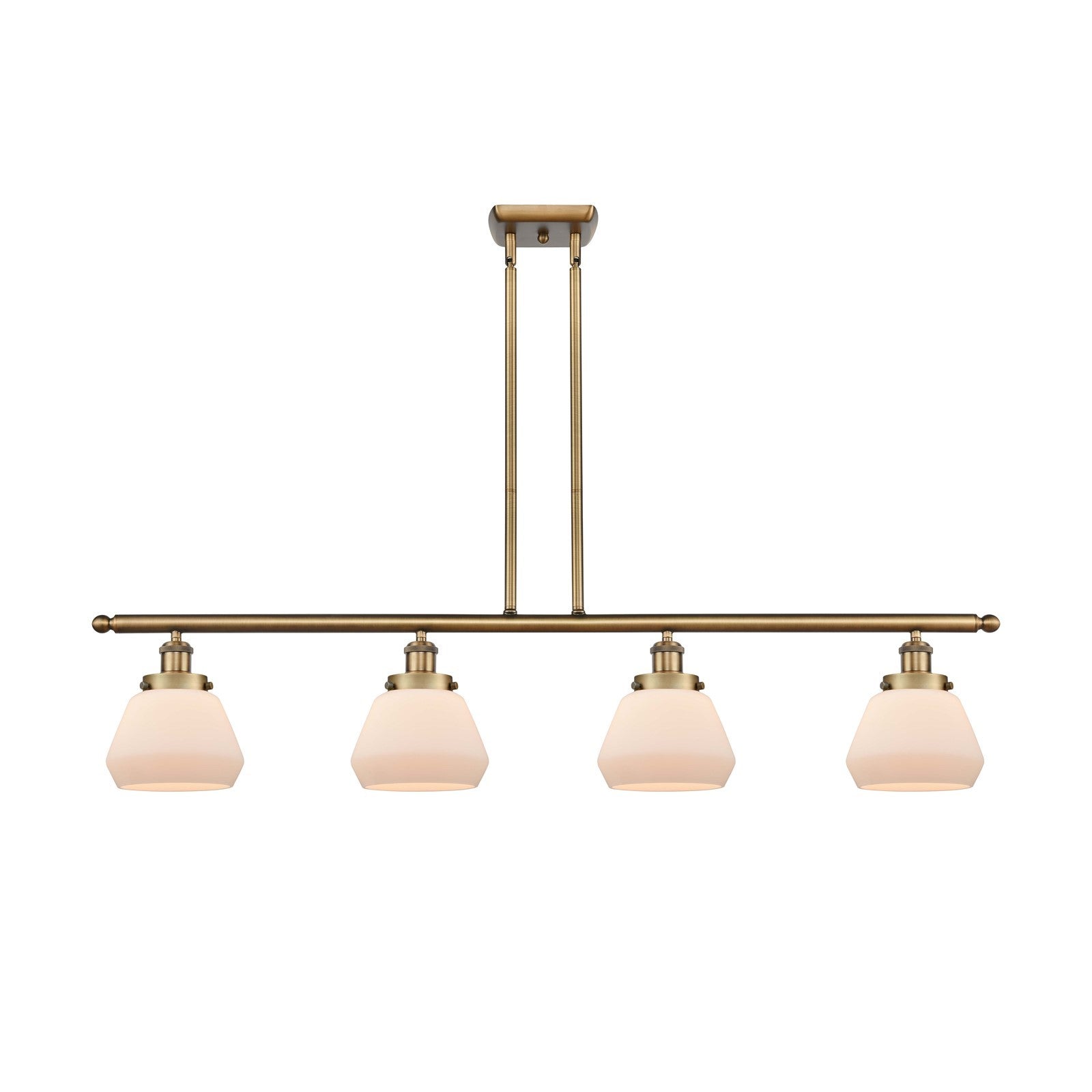 Innovations Fulton 48in 4-Light Island Light | Brushed Brass Steel and Matte White Frosted Glass | Kitchen Island & Dining Room | Model 916-4I-BB-G171