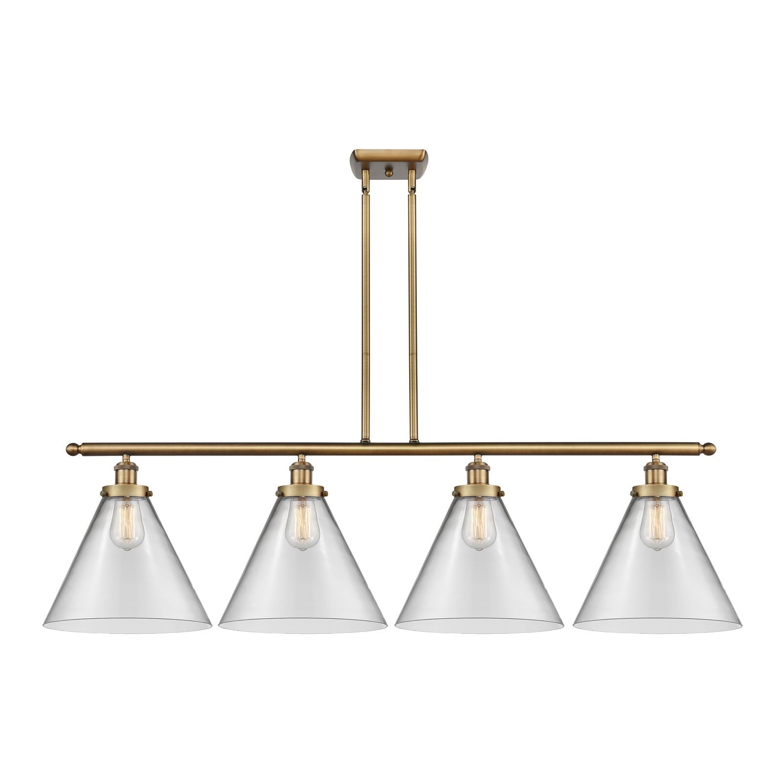 Innovations Cone 48in 4-Light Island Light | Industrial Brushed Brass and Clear Glass | Kitchen Island & Dining Room | Model 916-4I-BB-G42-L