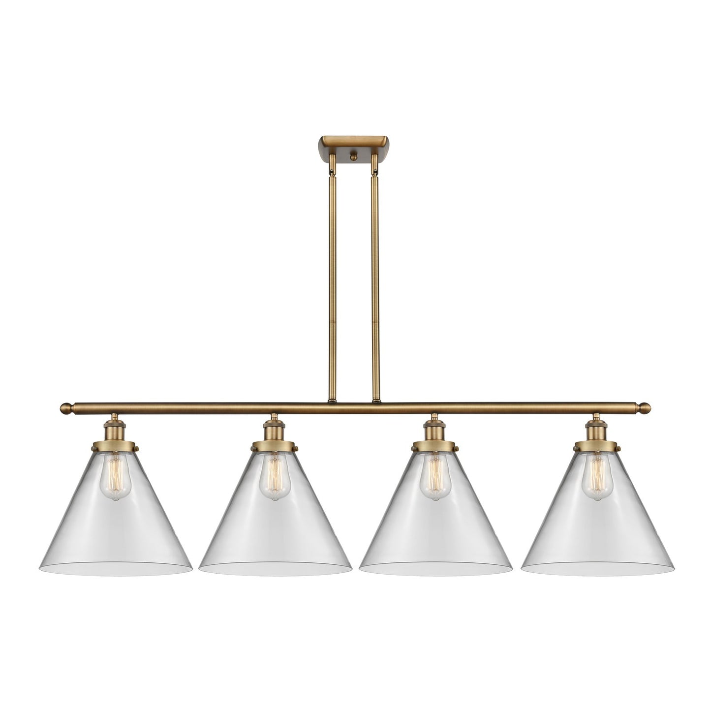 Innovations Cone 48in 4-Light LED Island Light | Industrial Brushed Brass and Clear Glass | Kitchen Island & Dining Room | Model 916-4I-BB-G42-L-LED