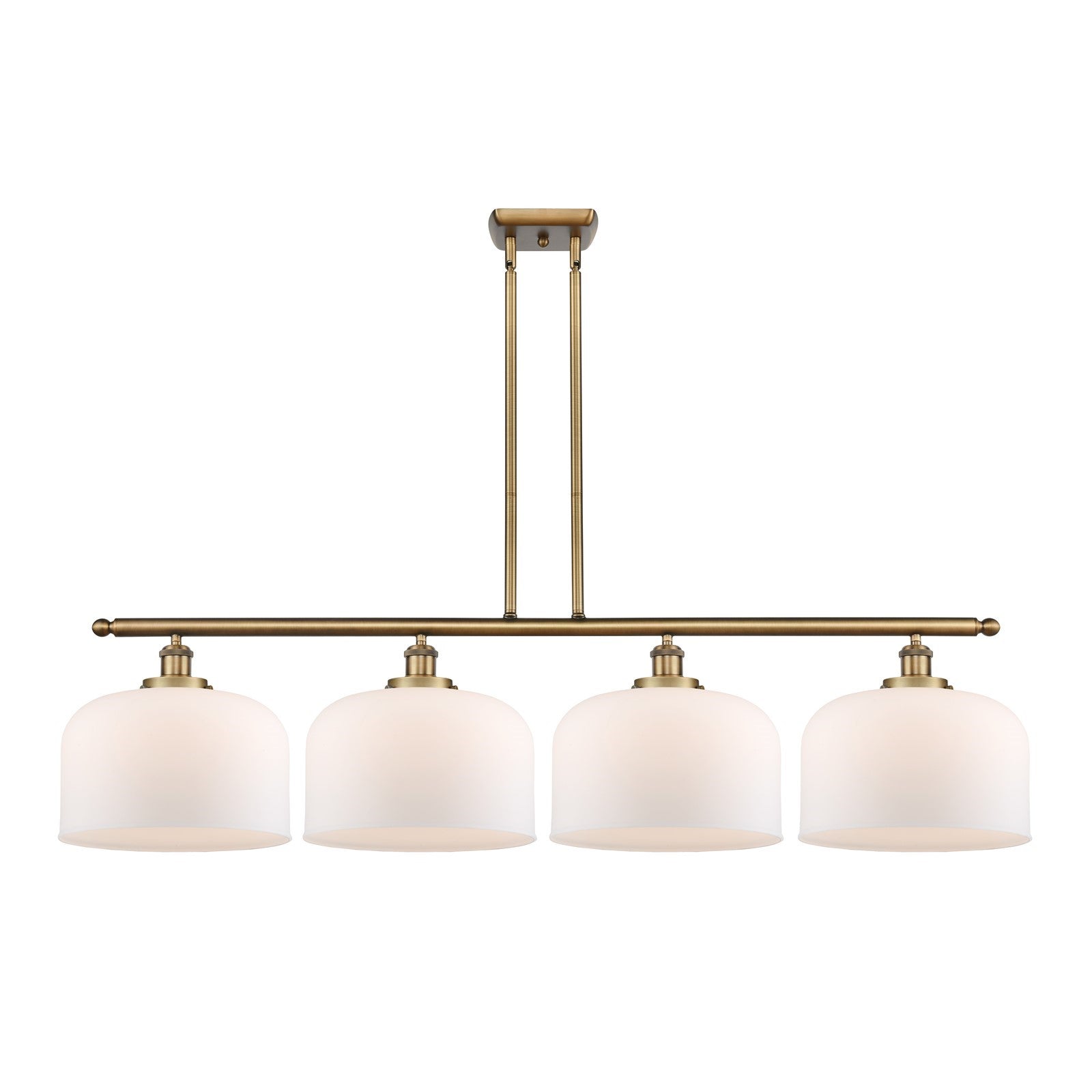 Innovations Bell 48in 4-Light Island Light | Industrial Brushed Brass Steel and Matte White Frosted Glass | Kitchen Island & | Model 916-4I-BB-G71-L