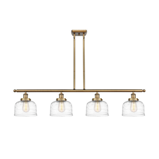Innovations Bell 48in 4-Light Island Light | Industrial Brushed Brass and Clear Deco Swirl Glass | Kitchen Island & Dining Room | Model 916-4I-BB-G713