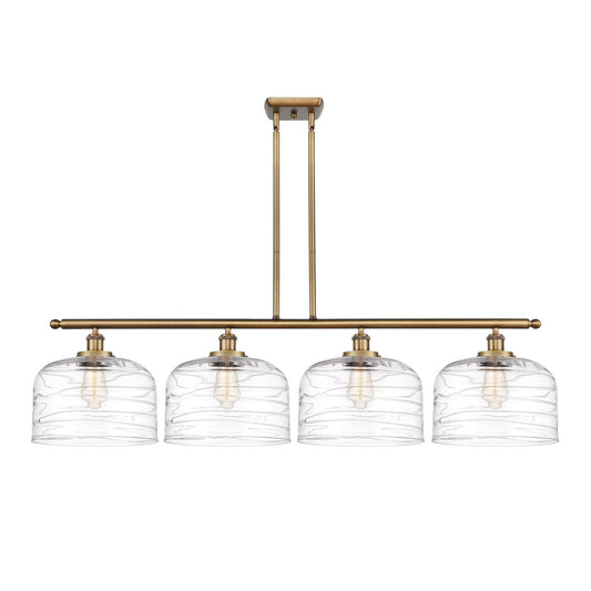 Innovations Bell 48in 4-Light Island Light | Industrial Brushed Brass and Clear Deco Swirl XL Glass | Kitchen Island & Dining | Model 916-4I-BB-G713-L