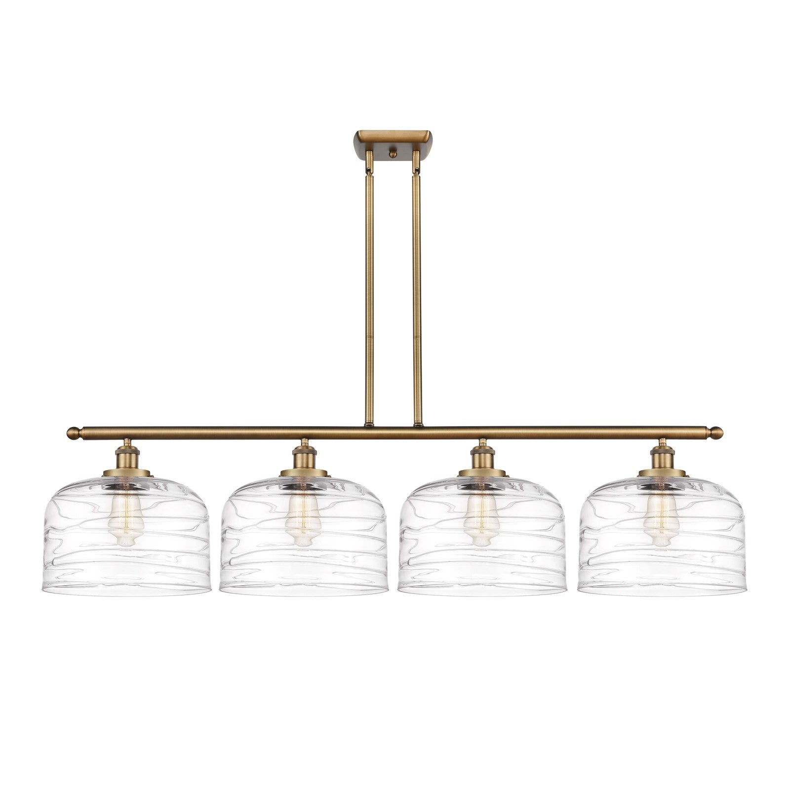 Innovations Bell 48in 4-Light Island Light | Industrial Brushed Brass Steel and Clear Deco Swirl XL Glass | Kitchen Island & | Model 916-4I-BB-G713-L-LED