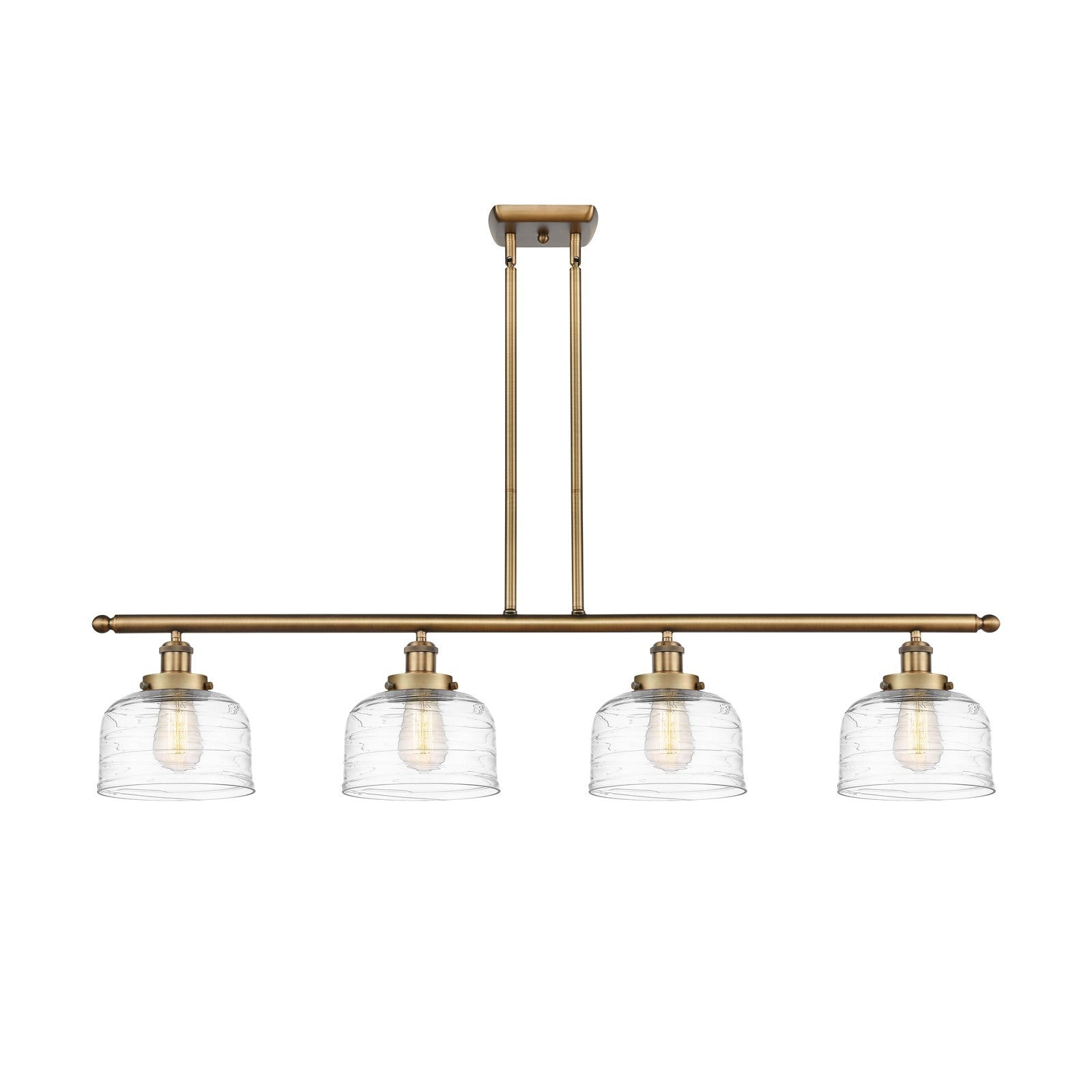 Innovations Bell 48in 4-Light Island Light | Industrial Brushed Brass Steel and Clear Deco Swirl Glass | Kitchen Island & | Model 916-4I-BB-G713-LED
