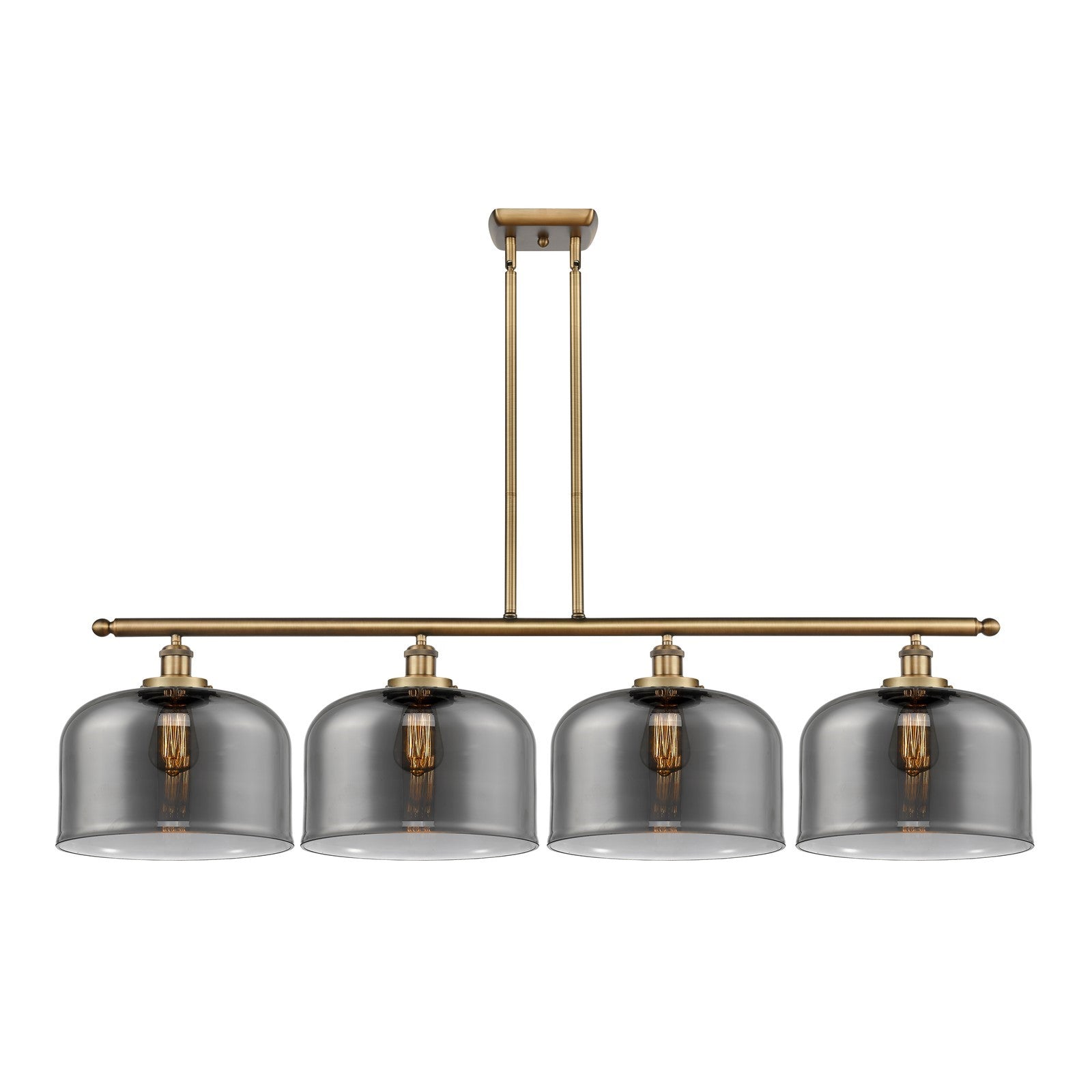 Innovations Bell 48in 4-Light Island Light | Industrial Brushed Brass Steel and Light Smoke Glass | Kitchen Island & Dining | Model 916-4I-BB-G73-L-LED