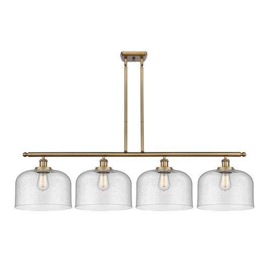 Innovations Bell 48in 4-Light Island Light | Industrial Brushed Brass Steel and Seedy Glass | Kitchen Island & Dining Room | Model 916-4I-BB-G74-L
