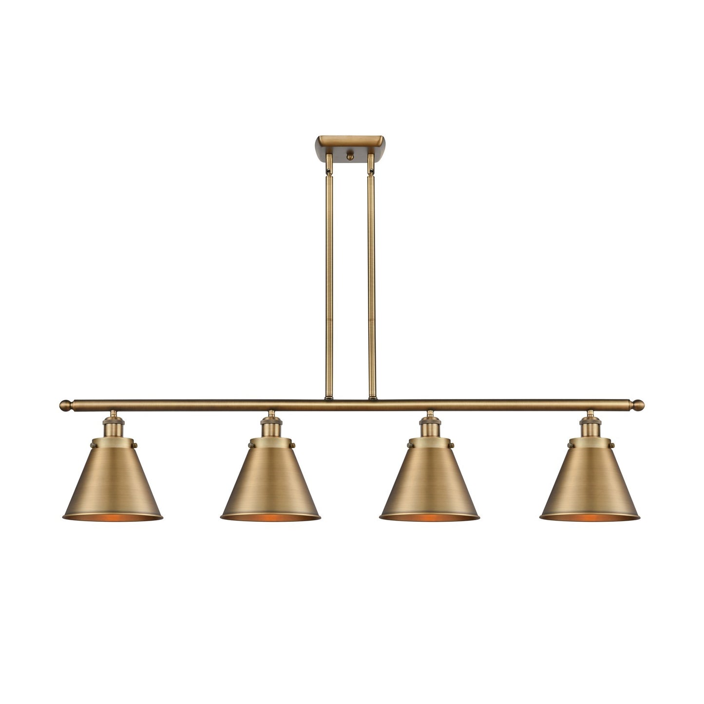Innovations Appalachian 48in 4-Light Island Light | Industrial Farmhouse Brushed Brass Steel and Brushed Brass Metal Shade | Model 916-4I-BB-M13-BB