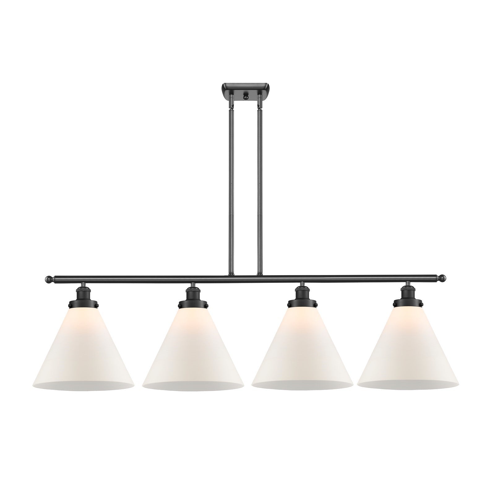 Innovations Cone 48in 4-Light LED Island Light | Industrial Matte Black Steel and Matte White Frosted Glass | Kitchen Island & | Model 916-4I-BK-G41-L-LED