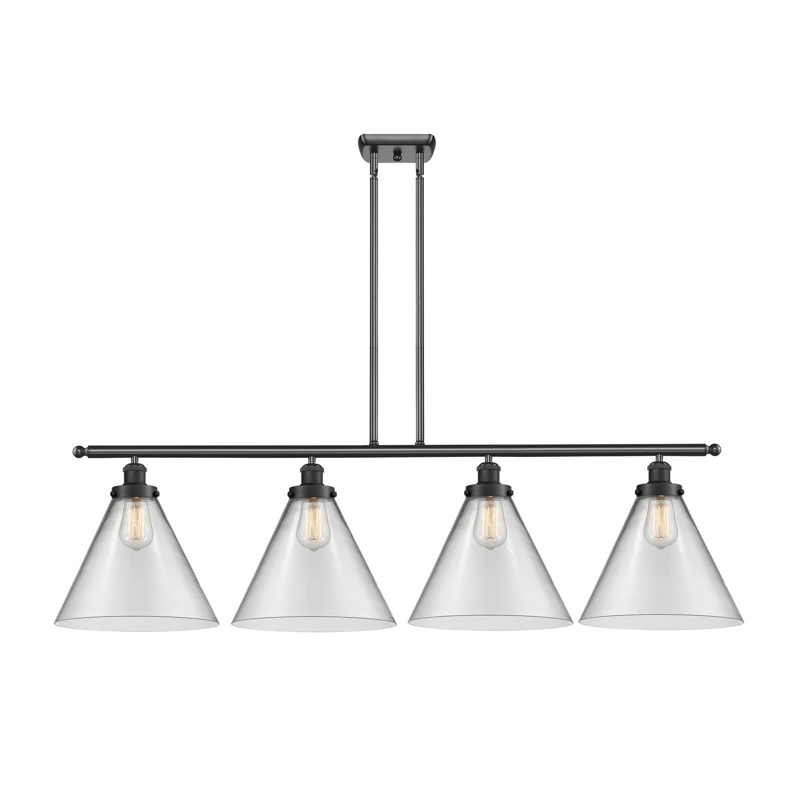 Innovations Cone 48in 4-Light Island Light | Industrial Matte Black Steel and Clear Glass | Kitchen Island & Dining Room | Model 916-4I-BK-G42-L