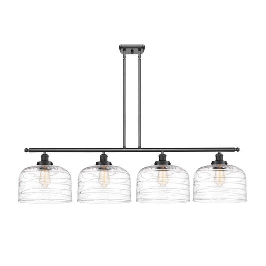 Innovations Bell 48in 4-Light Island Light | Industrial Matte Black Steel and Clear Deco Swirl Glass | Kitchen Island & Dining | Model 916-4I-BK-G713-L