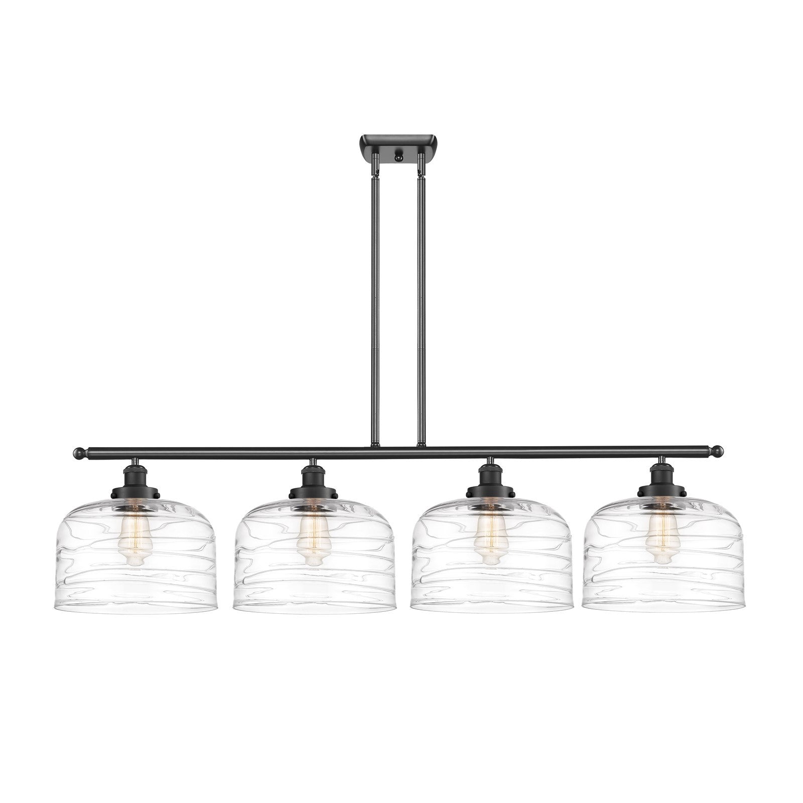 Innovations Bell 48in 4-Light Island Light | Industrial Matte Black Steel and Clear Deco Swirl Glass | Kitchen Island & | Model 916-4I-BK-G713-L-LED