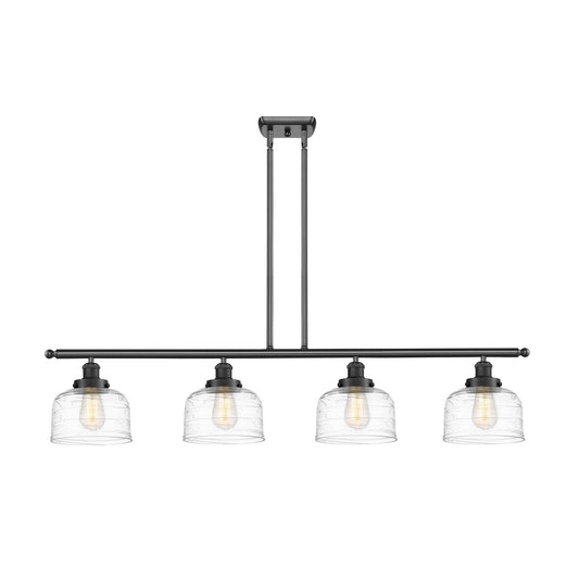 Innovations Bell 48in 4-Light Island Light | Industrial Matte Black Steel and Clear Deco Swirl Glass | Kitchen Island & Dining | Model 916-4I-BK-G713-LED