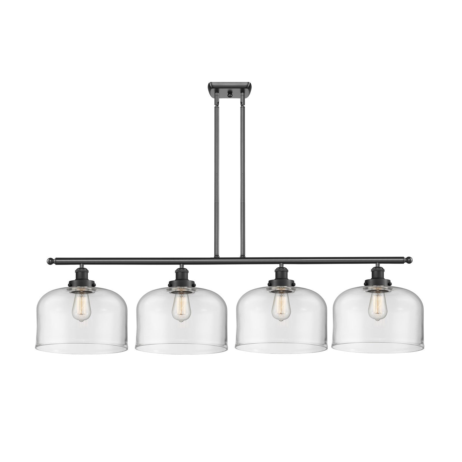 Innovations Bell 48in 4-Light Island Light | Industrial Matte Black Steel and Clear Glass | Kitchen Island & Dining Room | Model 916-4I-BK-G72-L