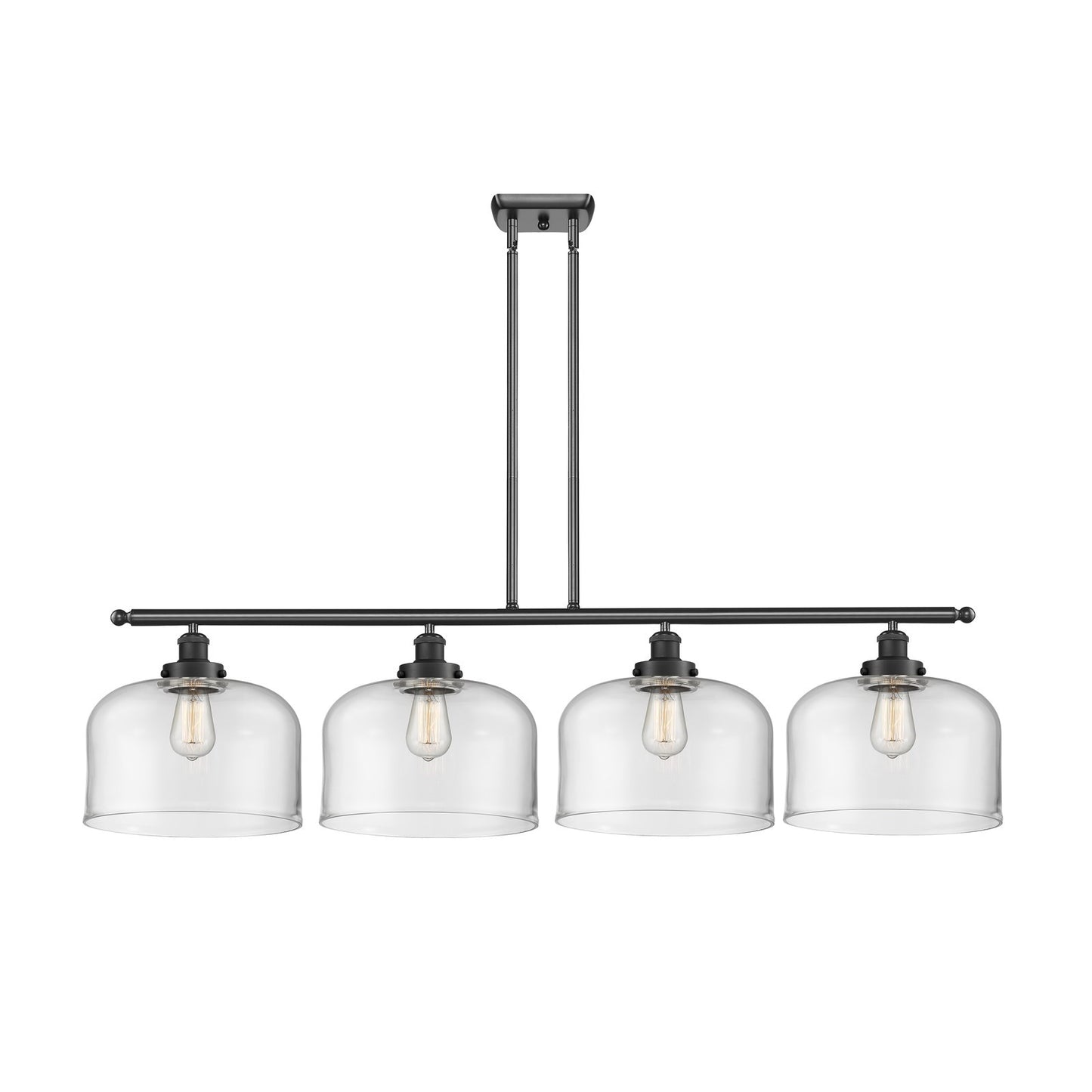 Innovations Bell 48in 4-Light Island Light | Industrial Matte Black Steel and Clear Glass | Kitchen Island & Dining Room | Model 916-4I-BK-G72-L-LED
