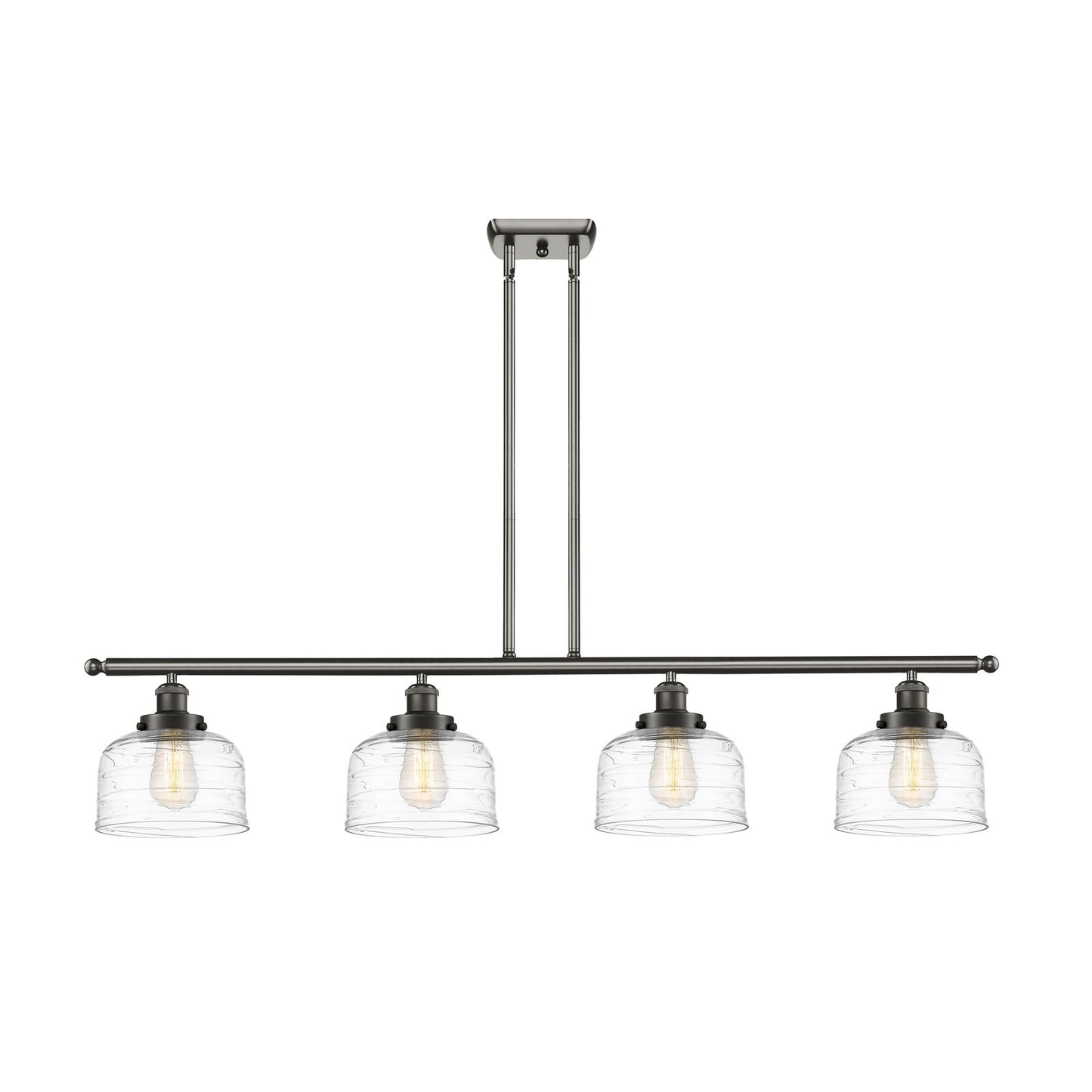 Innovations Bell 48in 4-Light Island Light | Industrial Oil Rubbed Bronze Steel and Clear Deco Swirl Glass | Kitchen Island & | Model 916-4I-OB-G713