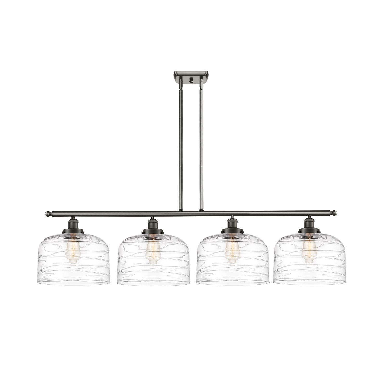 Innovations Bell 48in 4-Light Island Light | Industrial Oil Rubbed Bronze Steel and Clear Deco Swirl XL Glass | Kitchen | Model 916-4I-OB-G713-L-LED