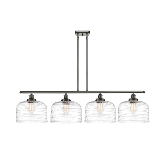 Innovations Bell 48in 4-Light Island Light | Industrial Oil Rubbed Bronze Steel and Clear Deco Swirl XL Glass | Kitchen | Model 916-4I-OB-G713-L-LED