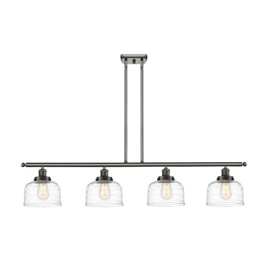 Innovations Bell 48in 4-Light Island Light | Industrial Oil Rubbed Bronze Steel and Clear Deco Swirl Glass | Kitchen Island & | Model 916-4I-OB-G713-LED