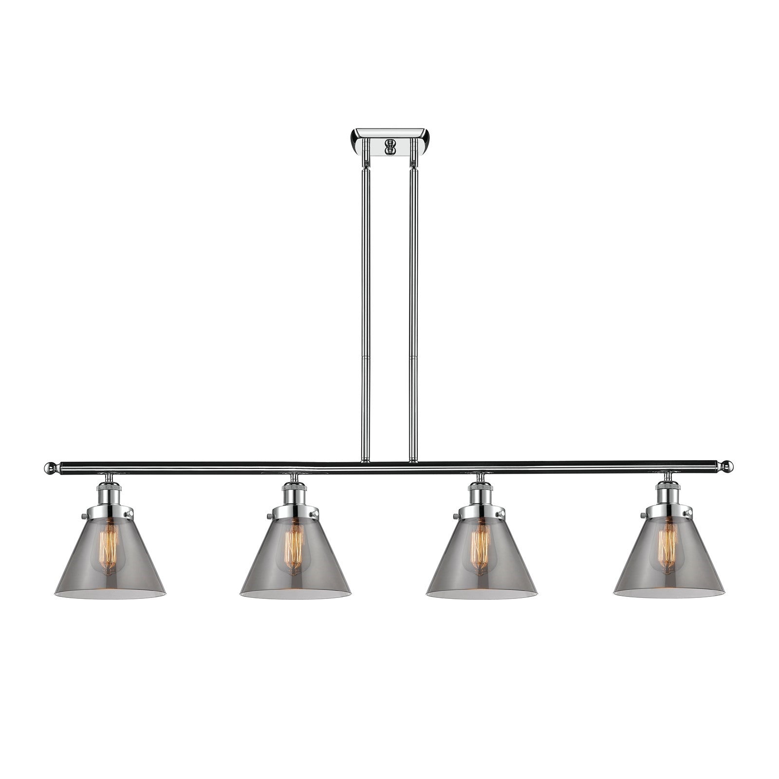 Innovations Cone 48in 4-Light Island Light | Industrial Polished Chrome Steel and Light Smoke Glass | Kitchen Island & Dining | Model 916-4I-PC-G43-LED