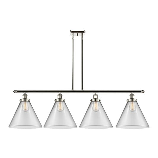 Innovations Cone 48in 4-Light Island Light | Industrial Polished Nickel Steel and Clear Cone Glass | Kitchen Island & Dining | Model 916-4I-PN-G42-L-LED