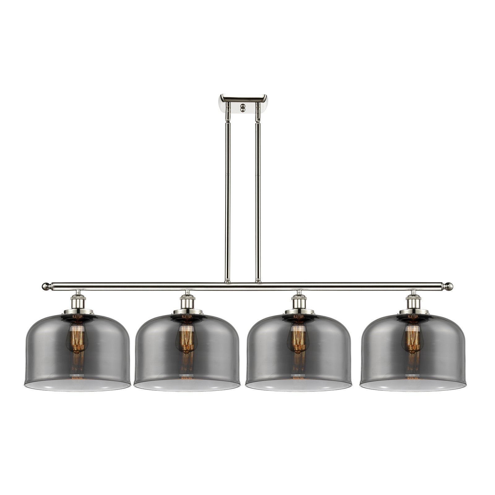 Innovations Bell 48in 4-Light Island Light | Industrial Polished Nickel Steel and Light Smoke Glass | Kitchen Island & Dining | Model 916-4I-PN-G73-L-LED