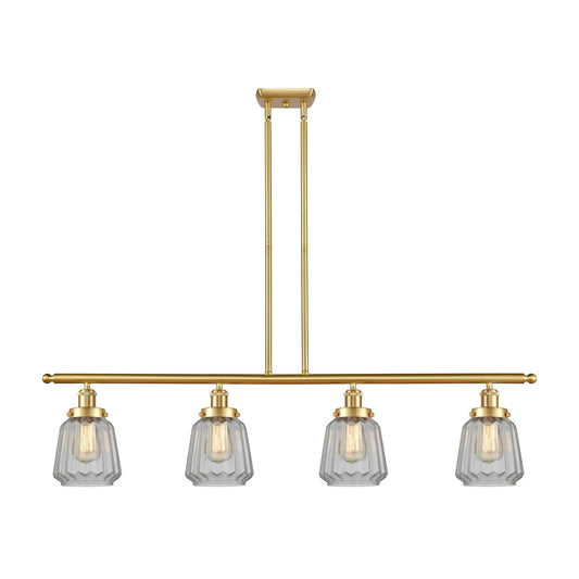 Innovations Chatham 48in 4-Light Island Light | Modern Satin Gold Steel and Clear Ribbed Glass Shade | Kitchen Island & Dining Room | Model 916-4I-SG-G142