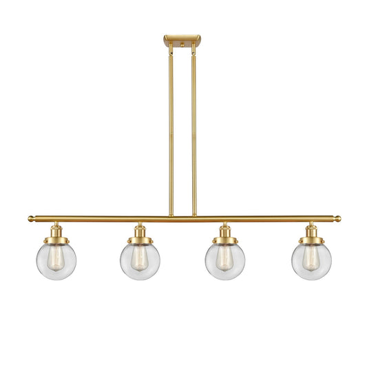 Innovations Beacon 48in 4-Light Island Light | Modern Transitional Satin Gold Steel and Clear Glass | Kitchen Island & Dining | Model 916-4I-SG-G202-6