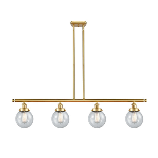 Innovations Beacon 48in 4-Light Island Light | Satin Gold Steel and Cast Brass with Seedy Glass Shade | Kitchen Island & Dining | Model 916-4I-SG-G204-6