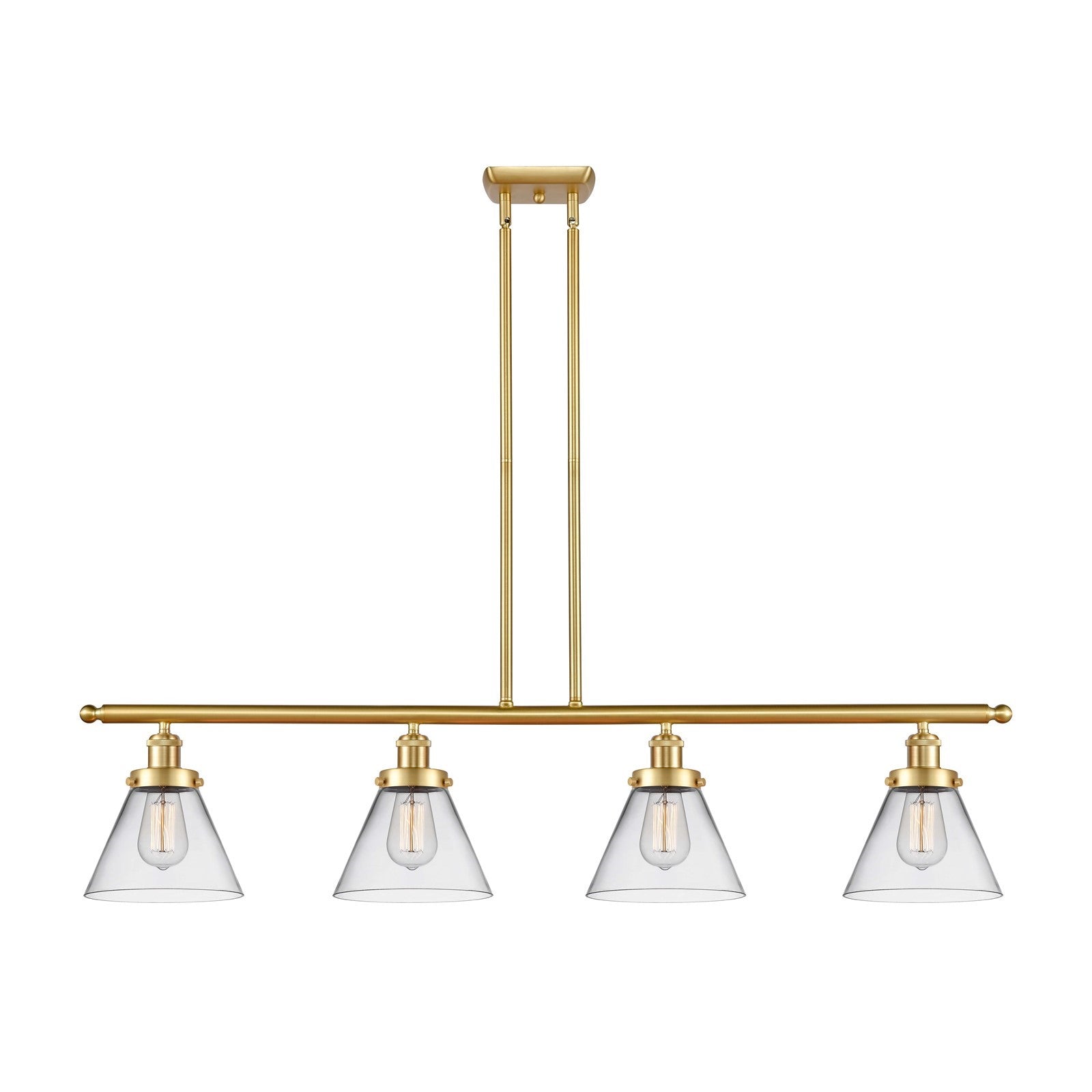 Innovations Cone 48in 4-Light Island Light | Satin Gold Steel and Cast Brass with Clear Glass Shade | Kitchen Island & Dining Room | Model 916-4I-SG-G42