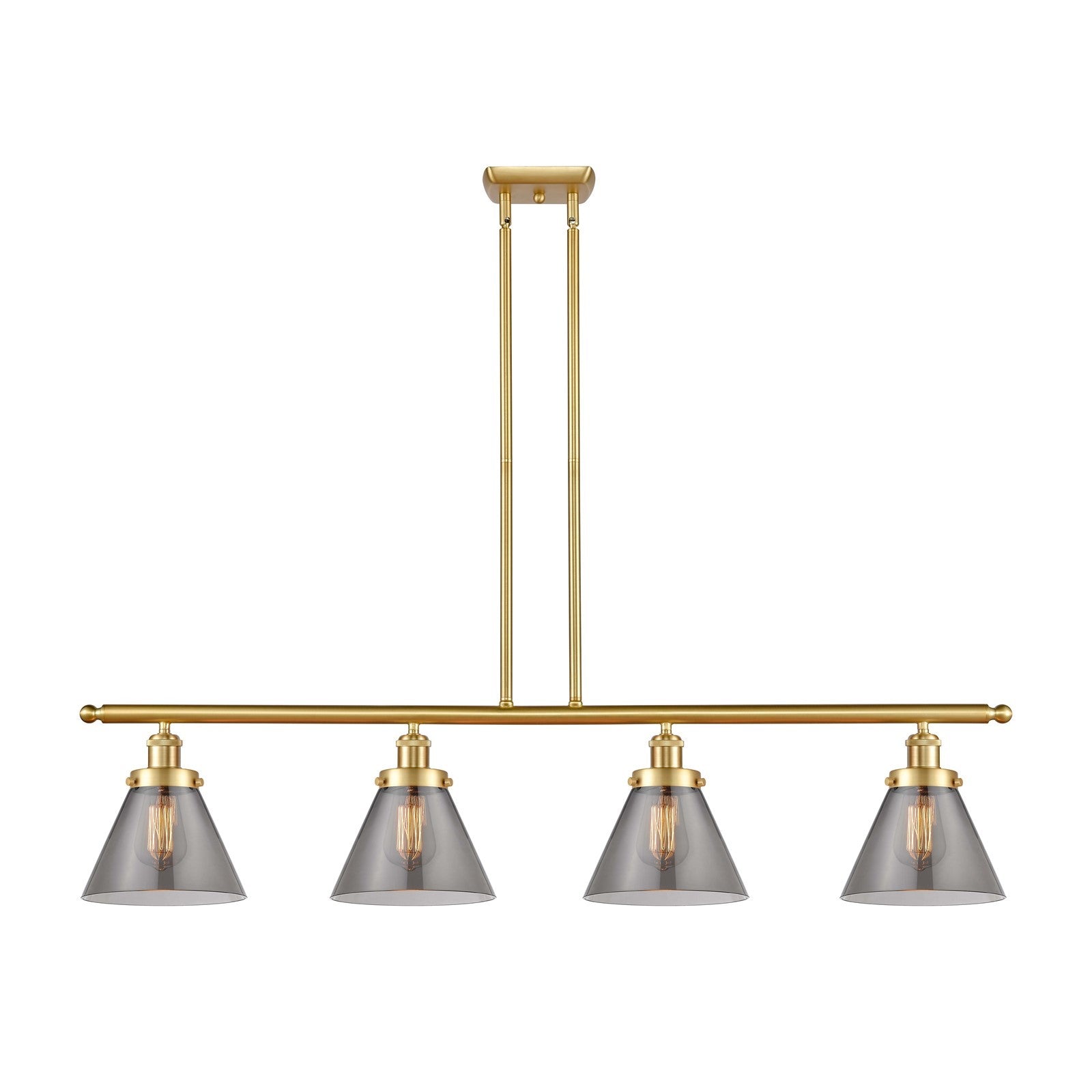 Innovations Cone 48in 4-Light Island Light | Industrial Satin Gold Steel and Light Smoke Glass | Kitchen Island & Dining Room | Model 916-4I-SG-G43