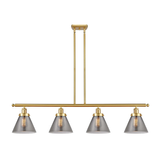Innovations Cone 48in 4-Light Island Light | Industrial Satin Gold Steel and Light Smoke Glass | Kitchen Island & Dining Room | Model 916-4I-SG-G43