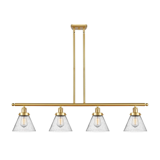 Innovations Cone 48in 4-Light Island Light | Industrial Satin Gold Steel and Seedy Glass | Kitchen Island & Dining Room | Model 916-4I-SG-G44